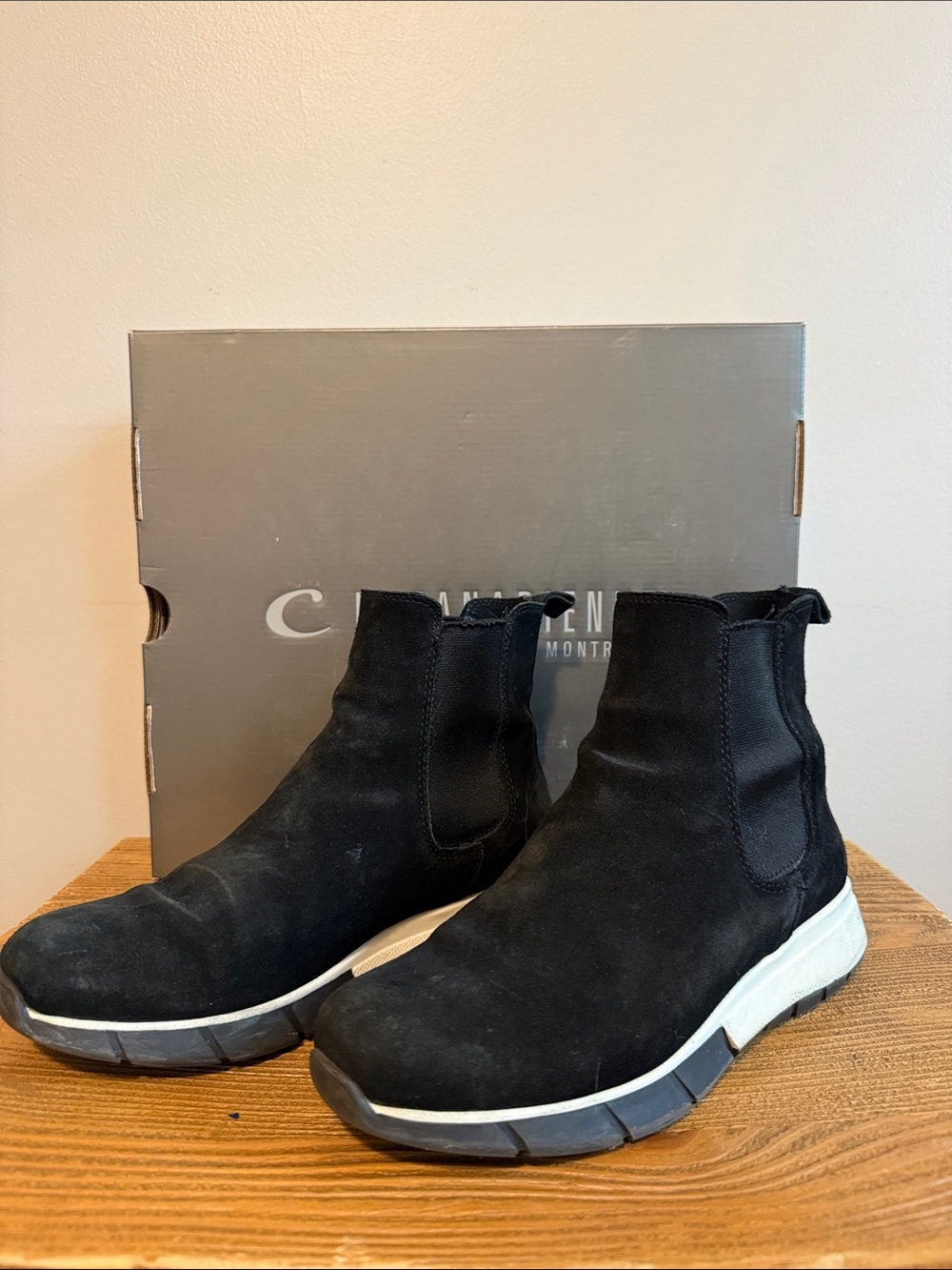 La CANADIENNE Newport Black Suede Chelsea Boots with White Sole